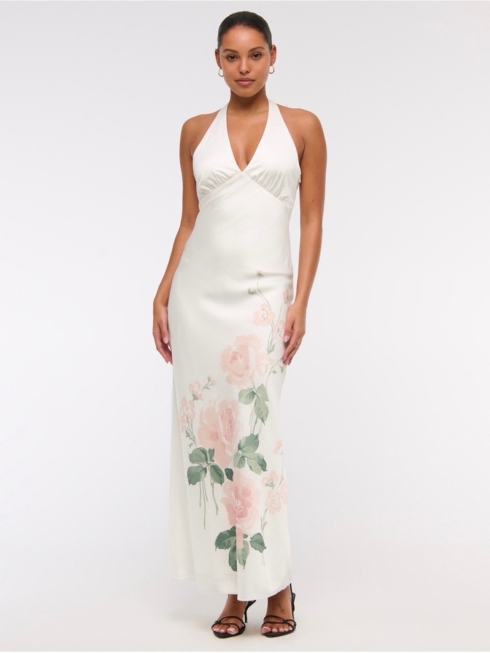 Abercrombie & Fitch Ivory Halter Maxi Dress with Pink Floral Print